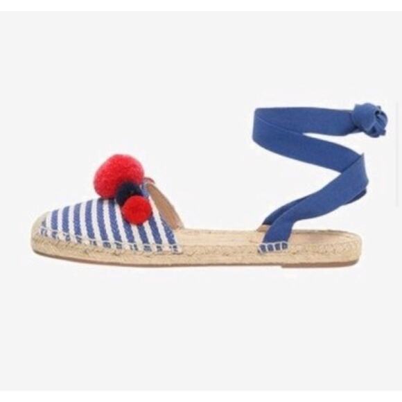 J. Crew Women's Blue Red Striped Ankle Wrap Pom Pom Espadrille Flats NIB Size 9 - Picture 3 of 9